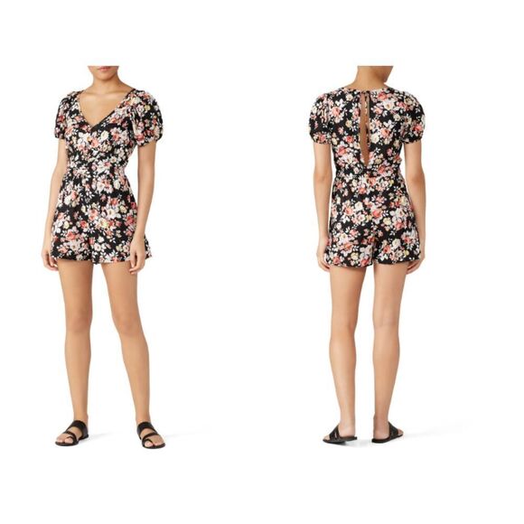 Louna Black Floral Puff Sleeve Short Romper Tie Open Back Covered Button Size XS - Picture 1 of 11